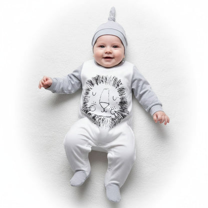 Peek Ah Boo white and grey cotton baby romper with lion print and matching knot beanie.