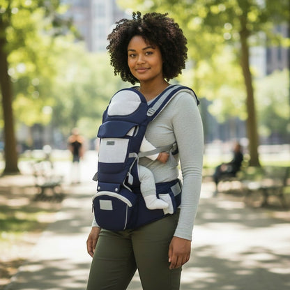 Peek Ah Boo navy blue 3-in-1 baby carrier with ergonomic waist stool and mesh panels for breathability.