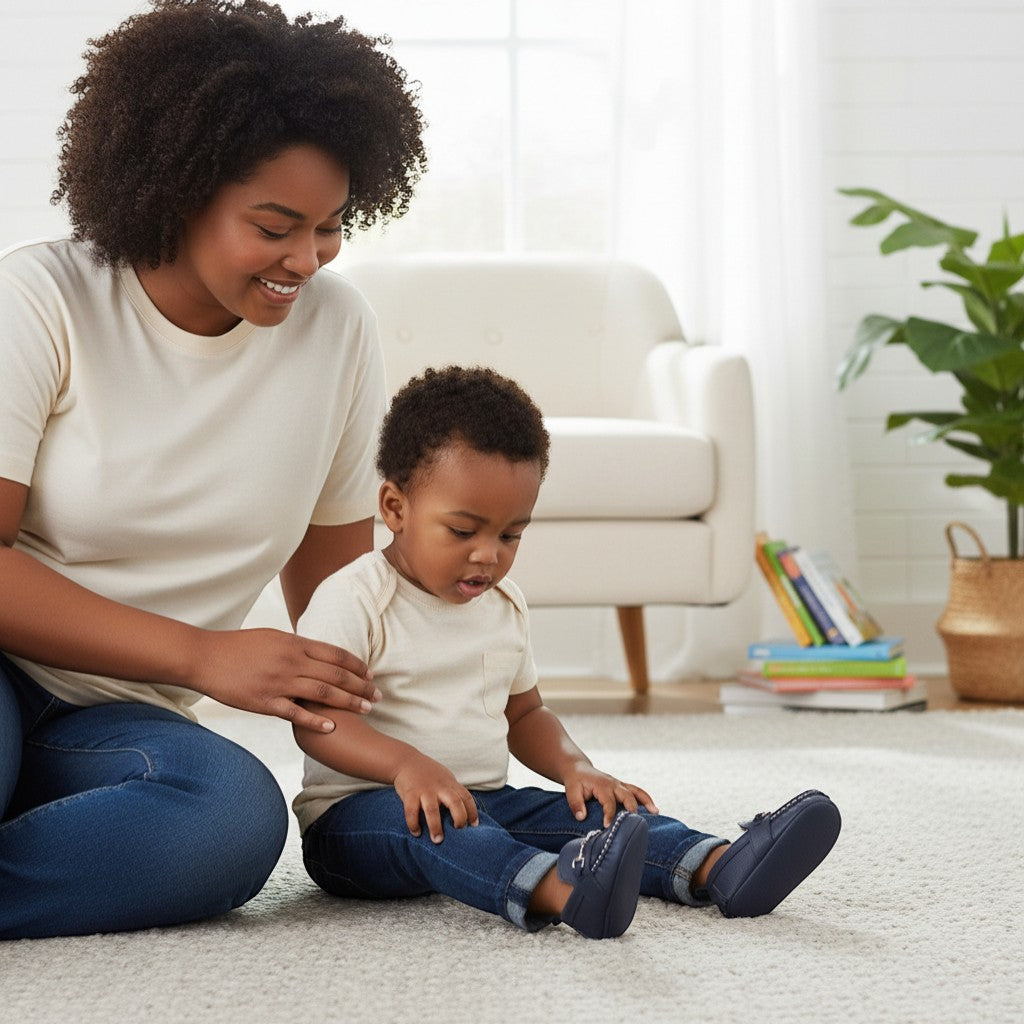 Peek Ah Boo navy blue leather baby loafers with silver snaffle bit detail and white stitching. Elasticated opening for easy wear.