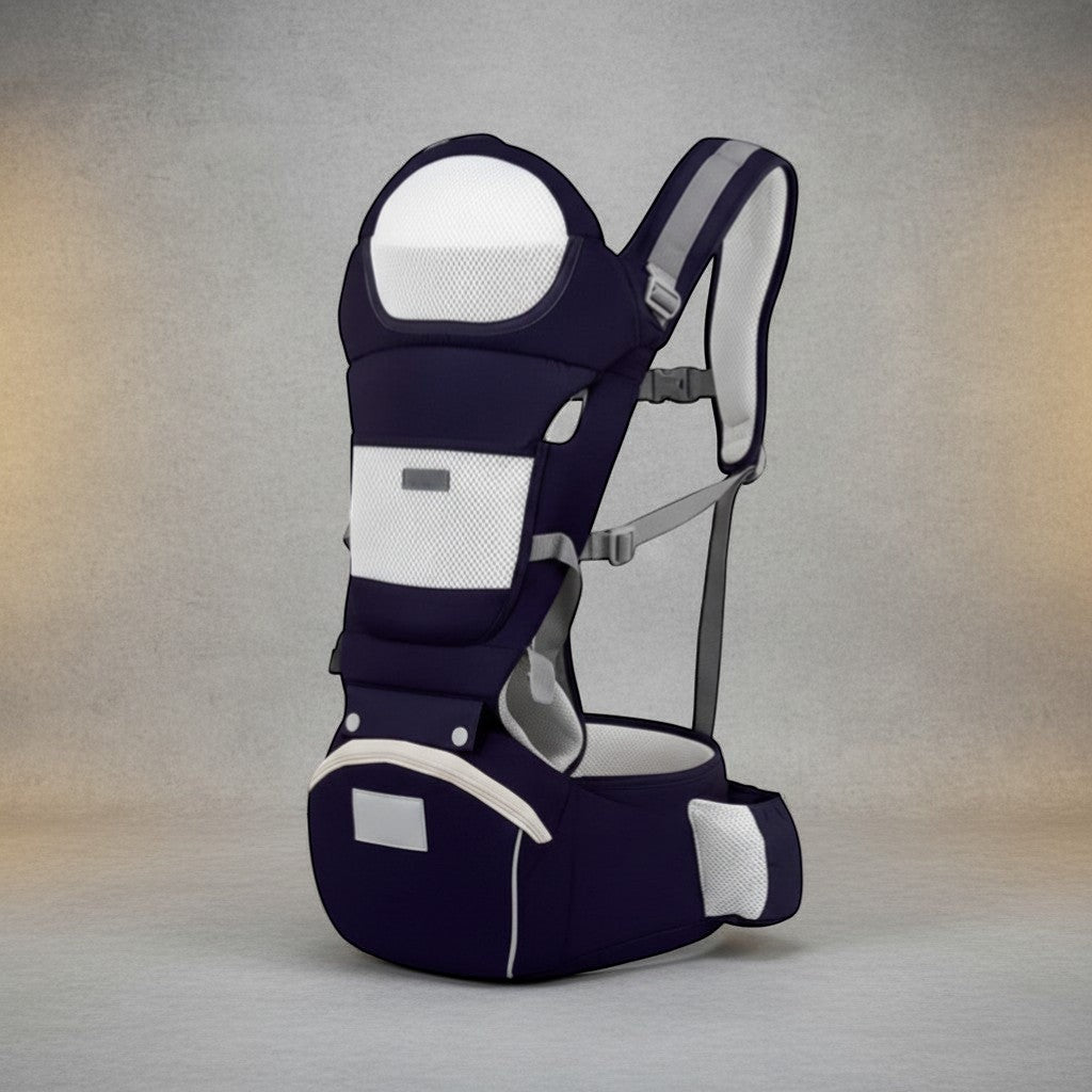 Peek Ah Boo navy blue 3-in-1 baby carrier with ergonomic waist stool and breathable mesh panels.