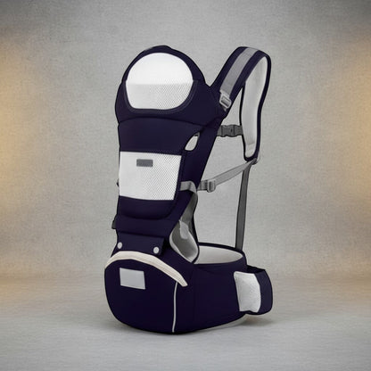 Peek Ah Boo navy blue 3-in-1 baby carrier with ergonomic waist stool and breathable mesh panels.