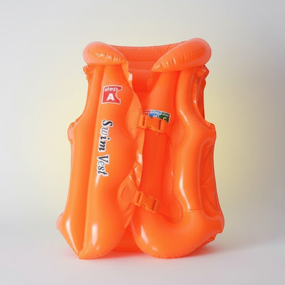 Peek Ah Boo orange inflatable baby swim vest with adjustable safety buckles and 'Swim Vest' text.