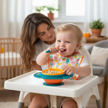 Peek Ah Boo orange silicone baby bowl with teal suction base, filled with cereal, being used by a happy toddler.