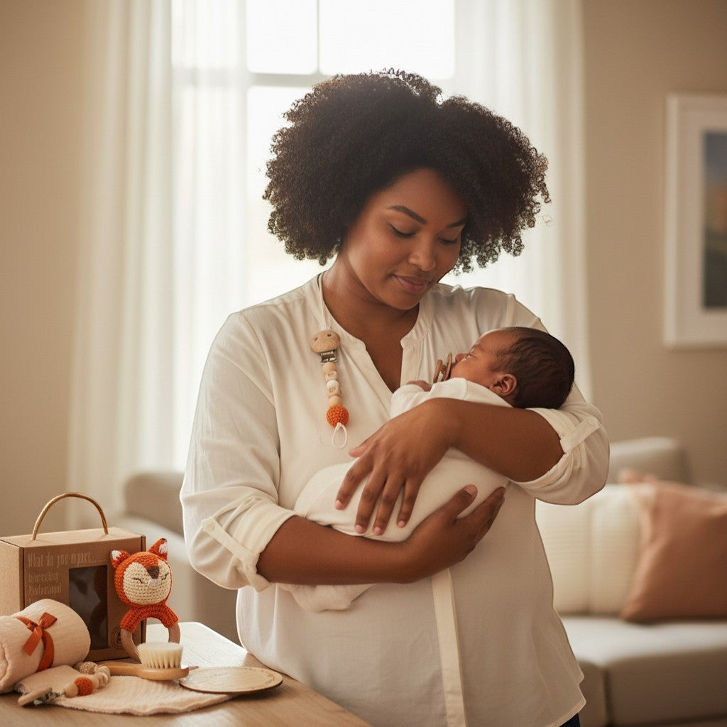 Peek Ah Boo 6-piece organic cotton baby gift set with crochet fox rattle, swaddle, wooden brush, and milestone disc.
