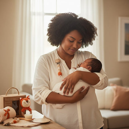 Peek Ah Boo 6-piece organic cotton baby gift set with crochet fox rattle, swaddle, wooden brush, and milestone disc.