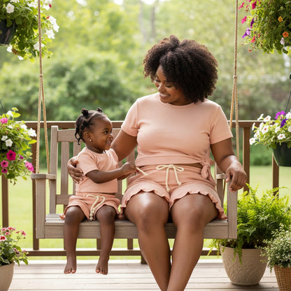 Peek Ah Boo baby girl peach ribbed cotton 2-piece set with tie-front top and ruffle shorts.