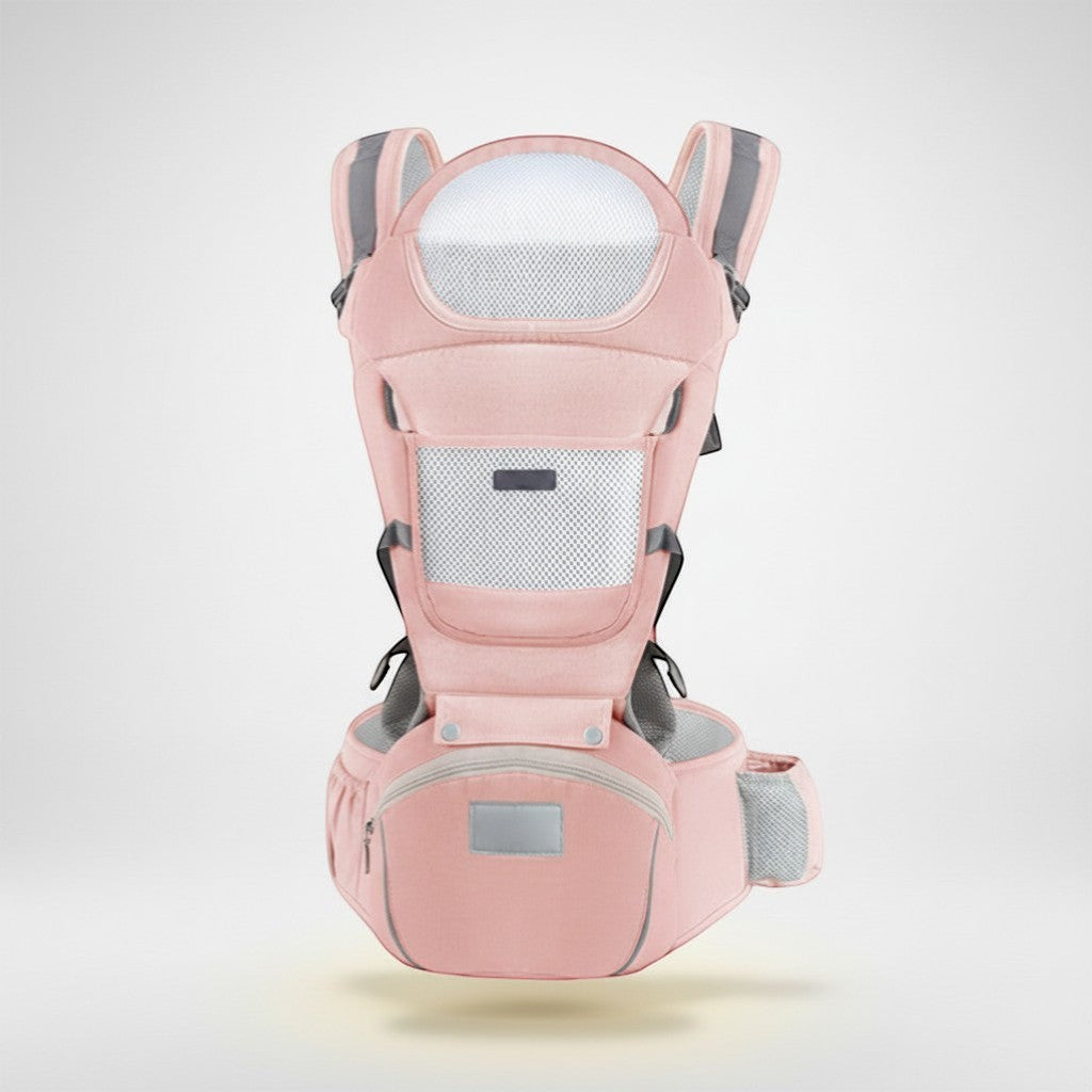 Peek Ah Boo pink 3-in-1 baby carrier with ergonomic waist stool, breathable mesh panels, and storage pockets.