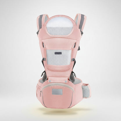 Peek Ah Boo pink 3-in-1 baby carrier with ergonomic waist stool, breathable mesh panels, and storage pockets.