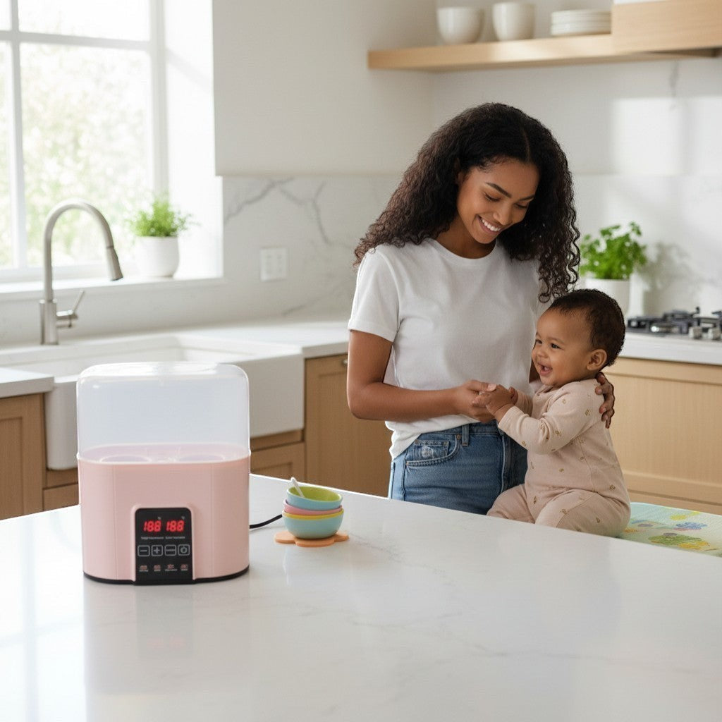 Peek Ah Boo pink 4-in-1 baby bottle warmer and sterilizer with digital display and touch controls.