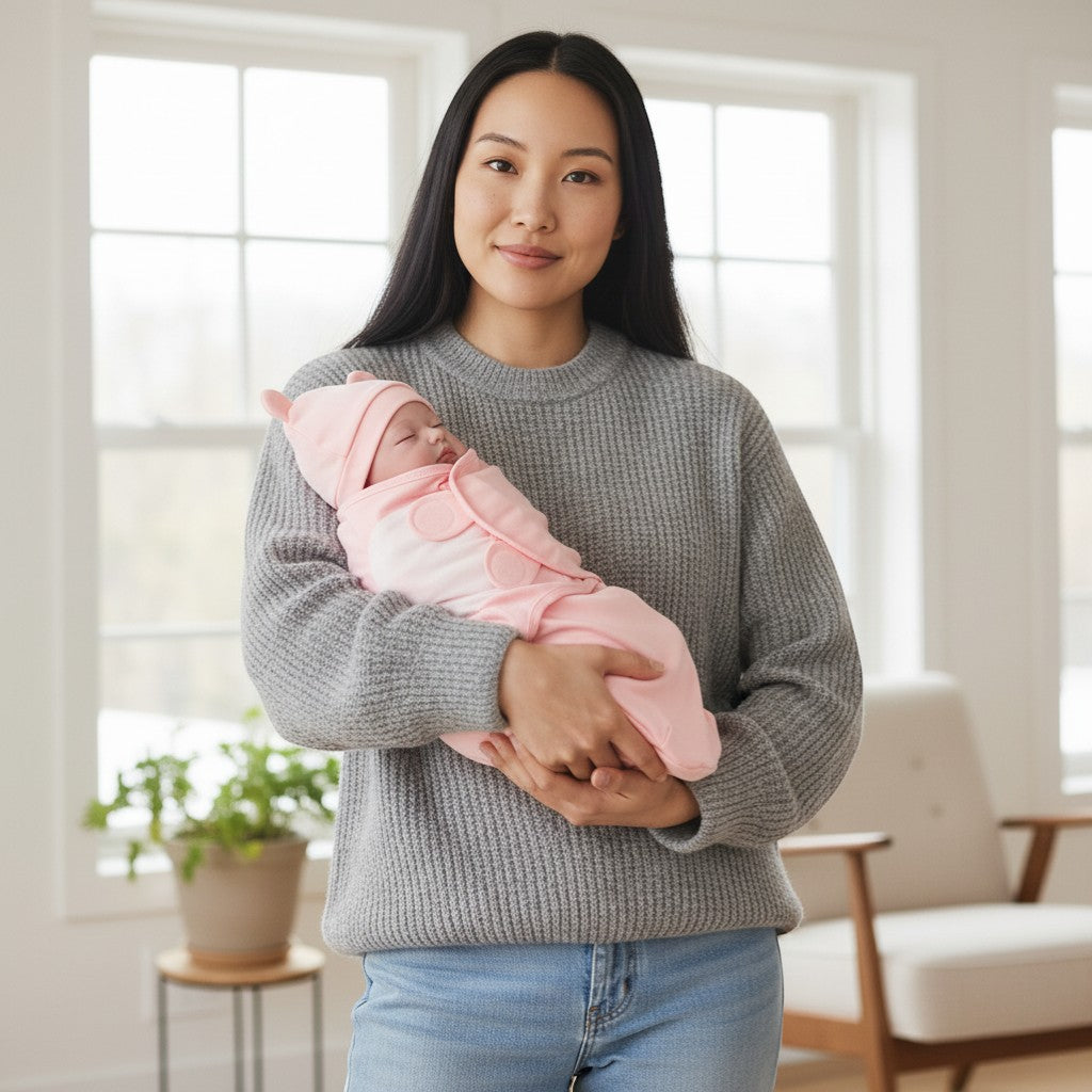 Peek Ah Boo pink cotton baby swaddle blanket with matching bear ear hat for secure, comfortable sleep.
