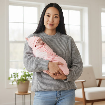 Peek Ah Boo pink cotton baby swaddle blanket with matching bear ear hat for secure, comfortable sleep.