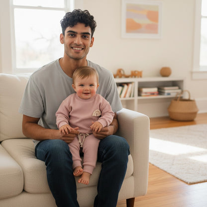 Peek Ah Boo pink organic cotton baby set with rainbow embroidery on chest and drawstring waist joggers.
