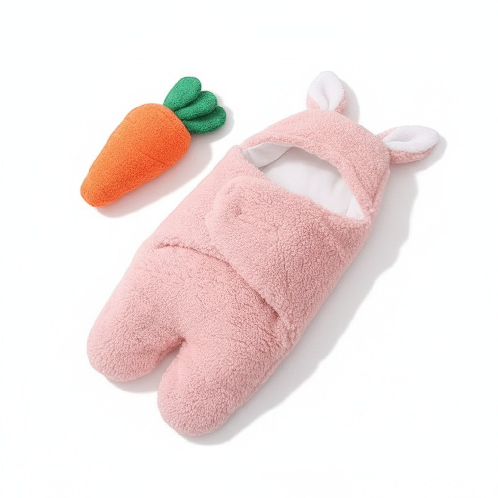 Peek Ah Boo pink plush faux cashmere baby sleeping bag with bear and rabbit ears, 0-12 months.