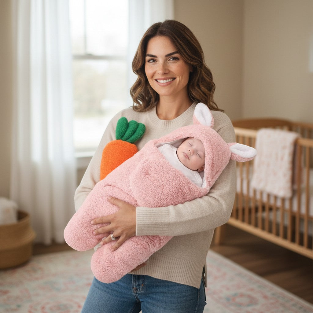 Peek Ah Boo pink plush faux cashmere baby sleeping bag with bear and rabbit ears, 0-12 months.