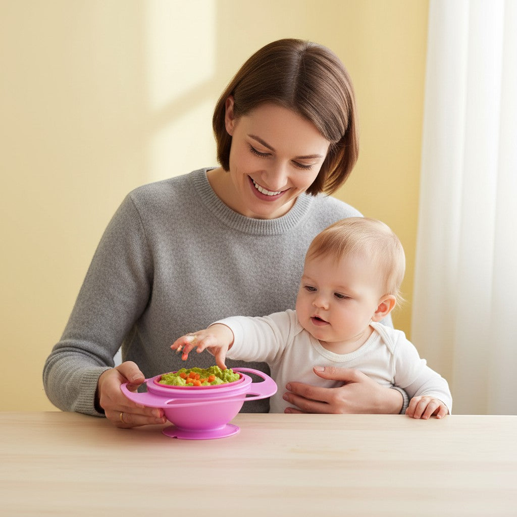 Peek Ah Boo pink silicone baby bowl with a gyroscopic design and handles, ideal for self-feeding training.