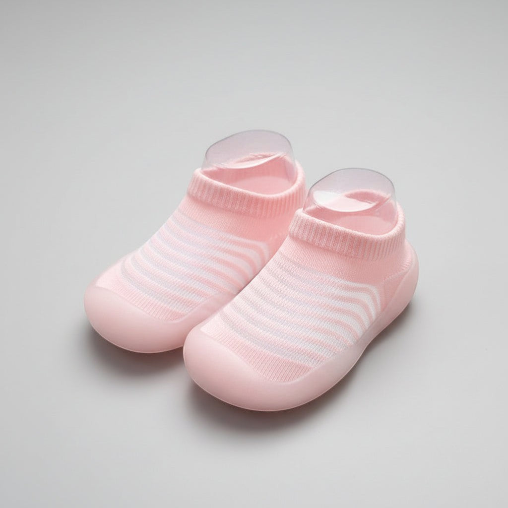 Peek Ah Boo pink striped knit baby shoes with non-slip rubber soles, ideal for early walkers.