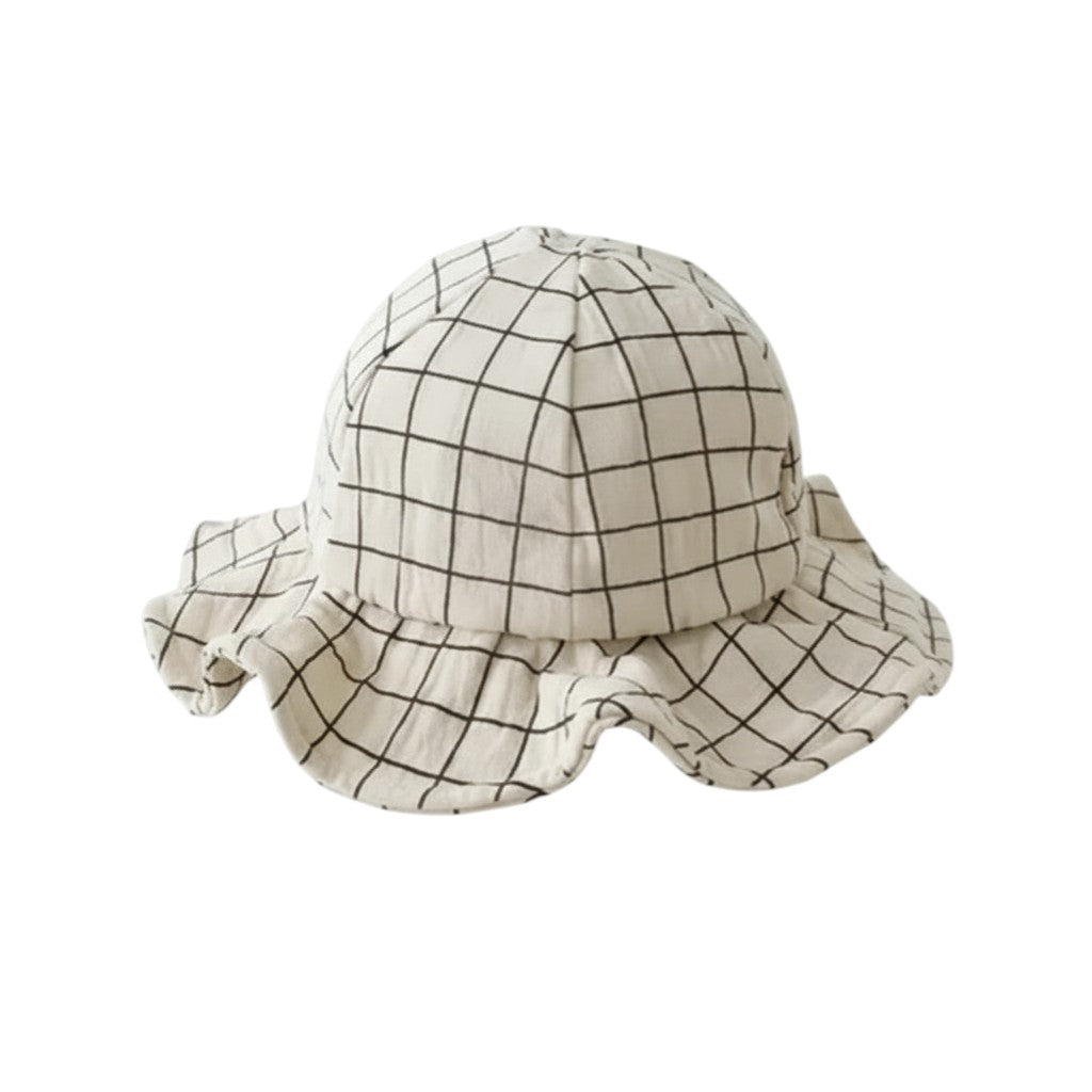 Peek Ah Boo cream and black plaid wide brim baby sun hat with a ruffled edge.