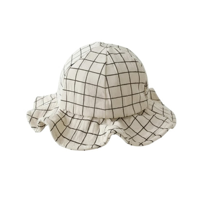 Peek Ah Boo cream and black plaid wide brim baby sun hat with a ruffled edge.