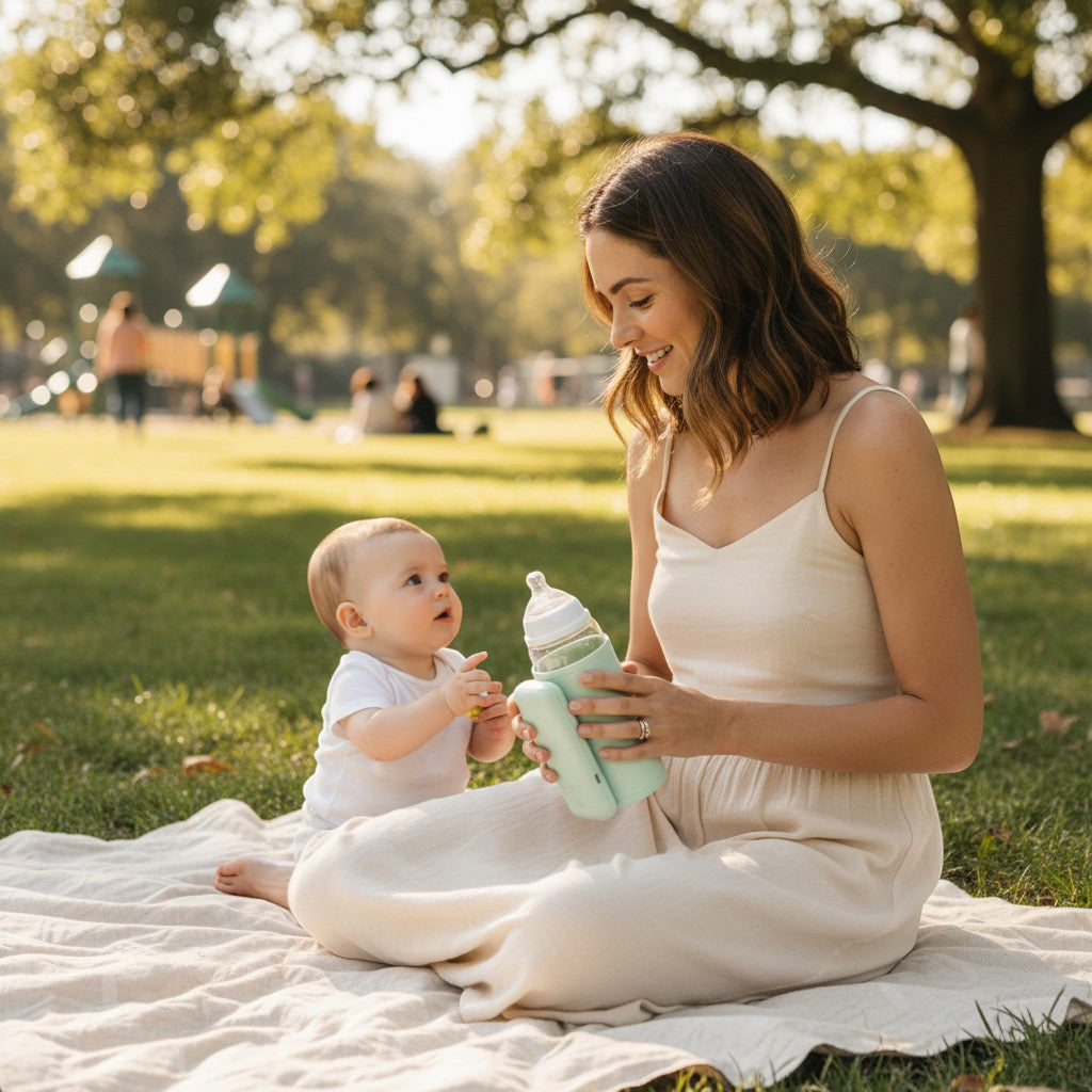 Peek Ah Boo portable rechargeable baby bottle warmer in mint green with digital temperature control and USB-C charging.