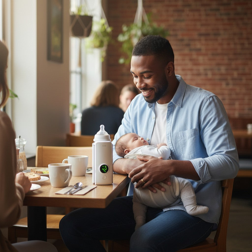 Peek Ah Boo white portable rechargeable baby bottle warmer with digital temperature display showing 42 degrees.