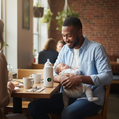 Peek Ah Boo white portable rechargeable baby bottle warmer with digital temperature display showing 42 degrees.