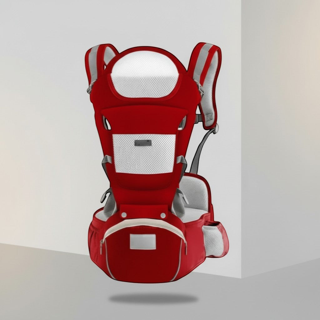 Peek Ah Boo red 3-in-1 all-season baby carrier with ergonomic waist stool and breathable mesh panels.