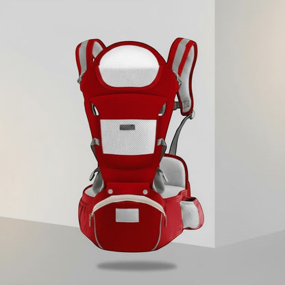 Peek Ah Boo red 3-in-1 all-season baby carrier with ergonomic waist stool and breathable mesh panels.