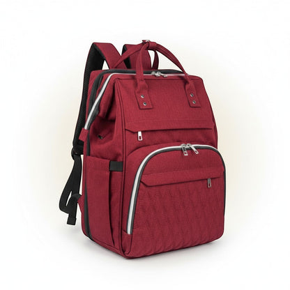 Peek Ah Boo multifunctional red 600D Oxford cloth diaper bag backpack with foldable bassinet and USB port.