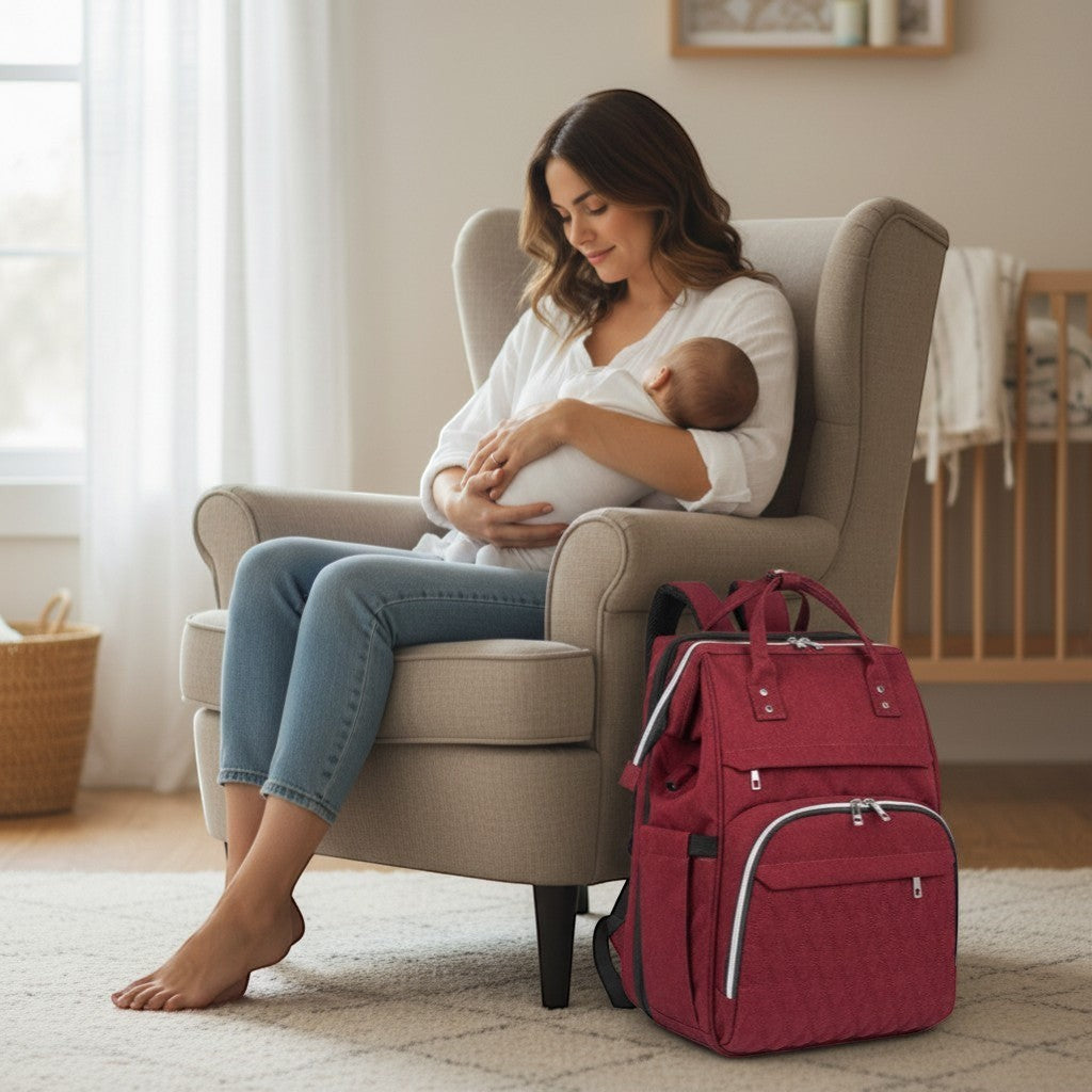 Peek Ah Boo red multifunctional diaper bag backpack with foldable bassinet, 600D Oxford cloth, USB port, and insulated pockets.
