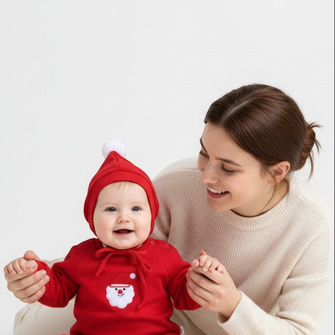 Peek Ah Boo red baby one-piece with Santa Claus embroidery and matching bonnet. Cotton blend with snap closure.