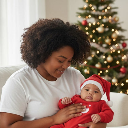 Peek Ah Boo red baby one-piece with Santa Claus embroidery and matching hat. Cotton blend.