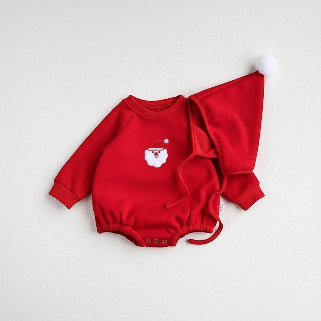 Peek Ah Boo red baby one-piece with Santa Claus embroidery and matching hat. Cotton blend with snap closure.