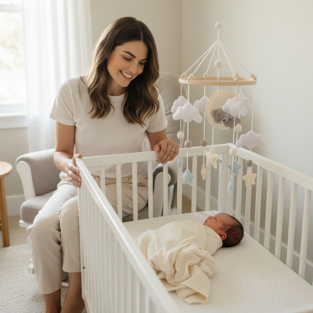 Peek Ah Boo rotating baby crib mobile with felt clouds, stars, moon, and sleeping bear. Soft, whimsical nursery decor.