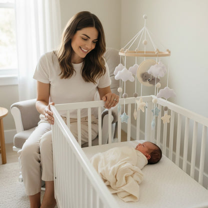 Peek Ah Boo rotating baby crib mobile with felt clouds, stars, moon, and sleeping bear. Soft, whimsical nursery decor.