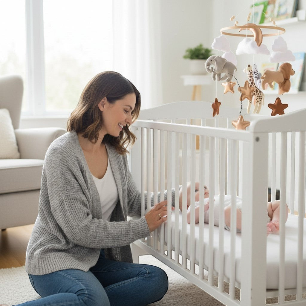 Peek Ah Boo rotating baby crib mobile with plush elephant, giraffe, lion, zebra, clouds, and stars. Neutral tones.