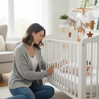 Peek Ah Boo rotating baby crib mobile with plush elephant, giraffe, lion, zebra, clouds, and stars. Neutral tones.