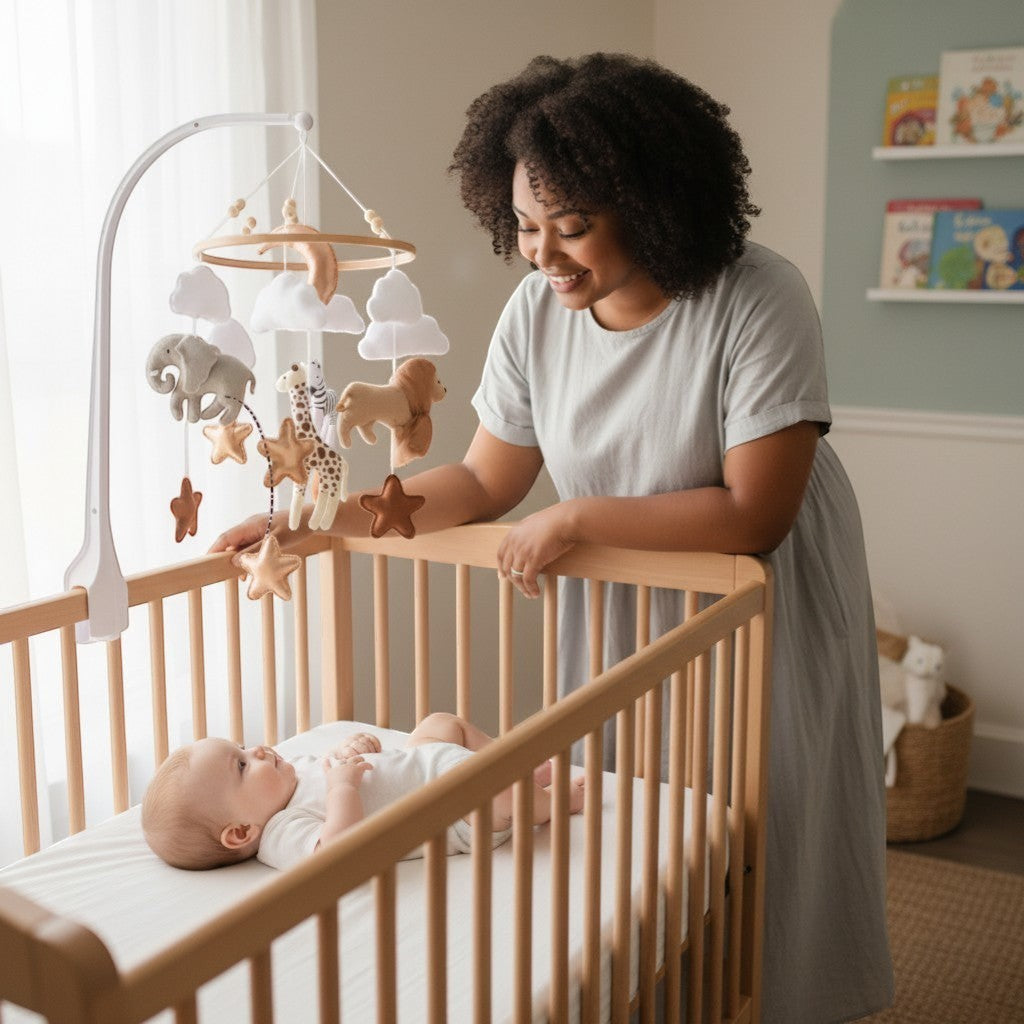 Peek Ah Boo rotating crib mobile with plush safari animals, clouds, and stars in neutral tones. Features elephant, giraffe, lion, zebra.