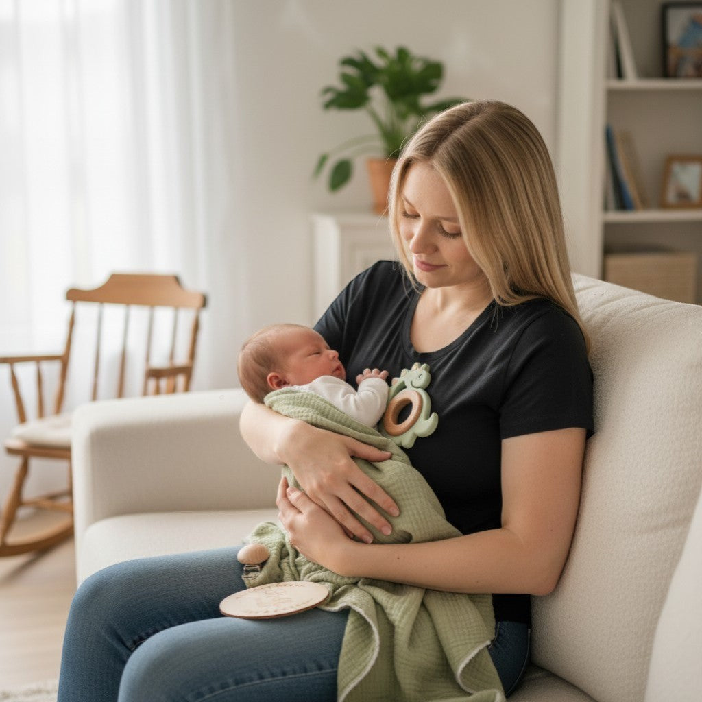 Peek Ah Boo sage green organic cotton baby gift set with swaddle, bib, wooden brush, milestone disc, and dinosaur teether.