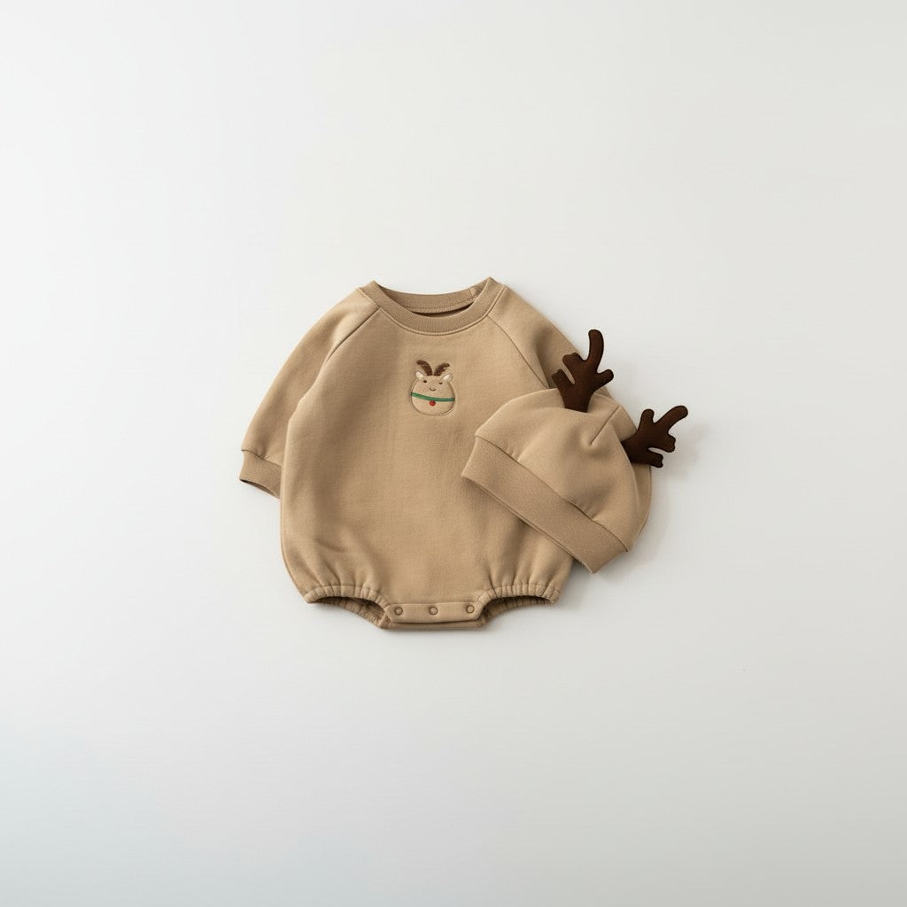 Peek Ah Boo tan baby bodysuit with Santa Claus embroidery and matching hat with antlers. Soft cotton blend for holiday comfort.