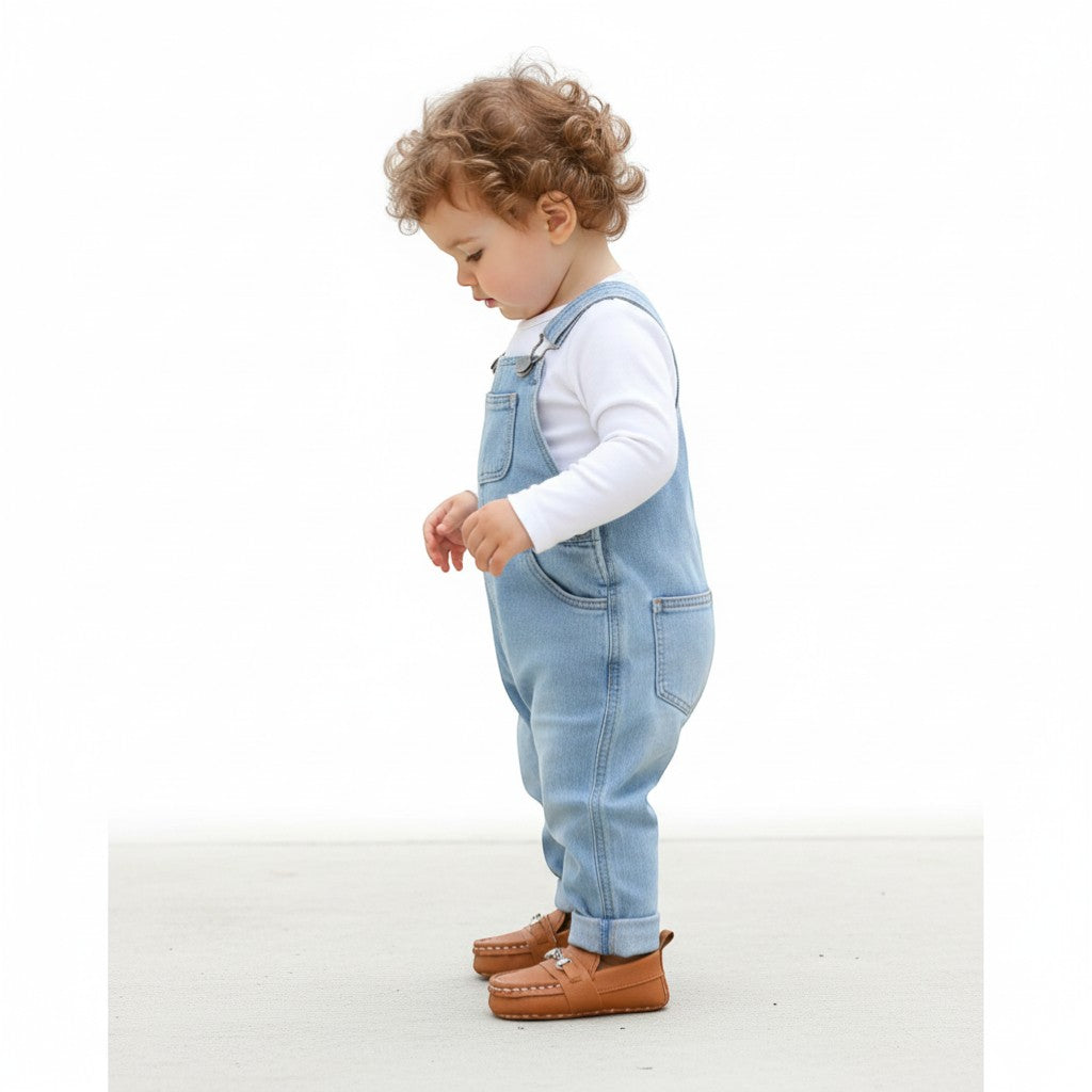Peek Ah Boo tan leather baby loafers with silver bit detail and white stitching. Soft sole for first walkers.
