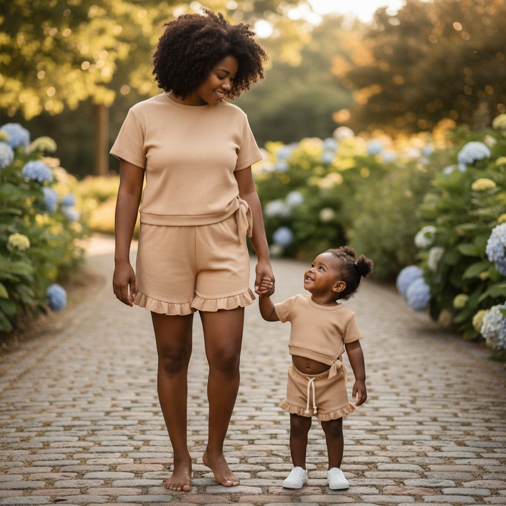 Peek Ah Boo baby girl tan ribbed cotton 2-piece set with ruffle shorts and tie-waist top.