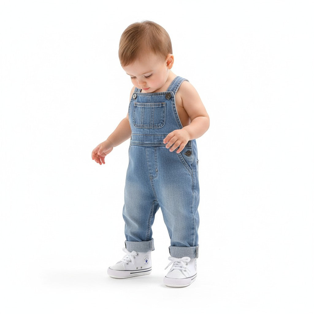 Peek Ah Boo white canvas baby sneakers with blue star logo, white laces, and anti-slip soles.
