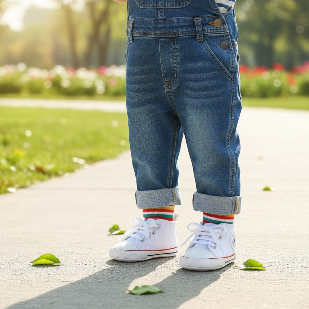 Peek Ah Boo white canvas high-top baby sneakers with red trim and white laces, featuring a star logo.