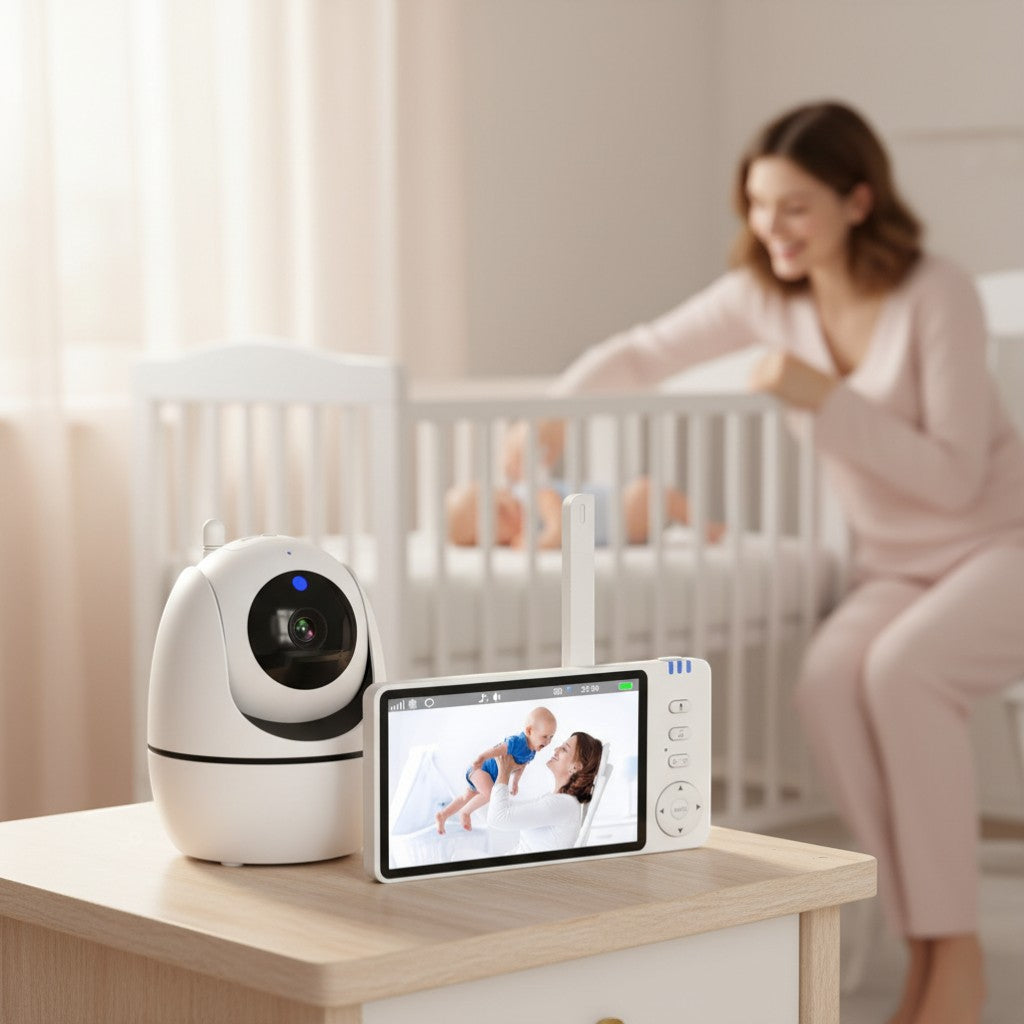 Peek Ah Boo HD wireless baby monitor with 5-inch screen, crying detection, and room temperature monitoring.