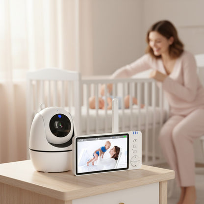 Peek Ah Boo HD wireless baby monitor with 5-inch screen, crying detection, and room temperature monitoring.