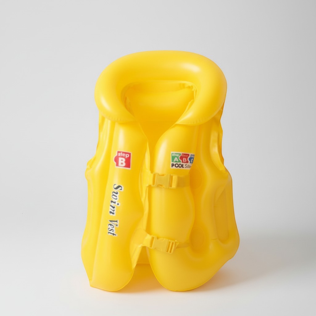Peek Ah Boo yellow inflatable baby swimming life vest with adjustable safety buckles and 'Swim Vest' text.