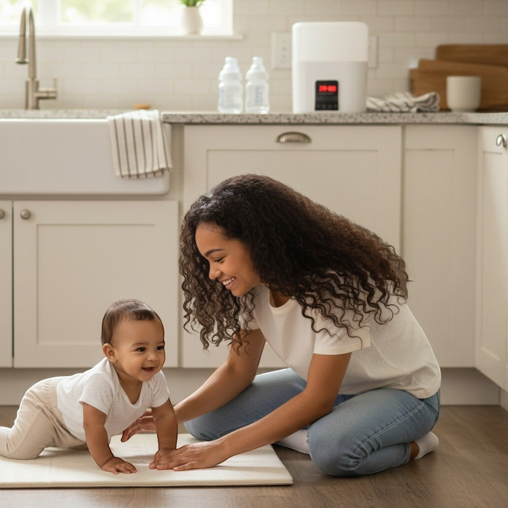 Peek Ah Boo 4-in-1 white baby bottle warmer and sterilizer with digital display and multiple function buttons.