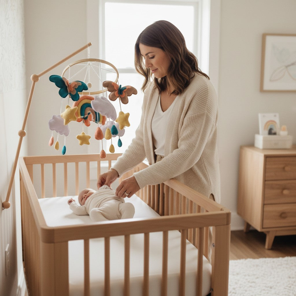 Peek Ah Boo felt crib mobile with butterflies, rainbows, clouds, stars, and raindrops in pastel colors.