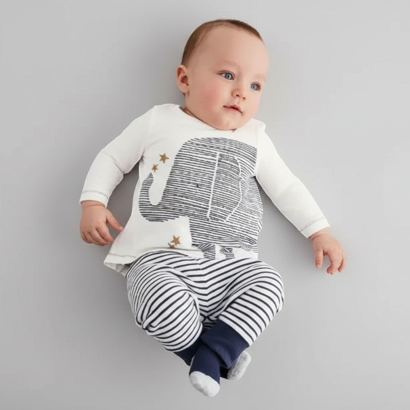 Elephant Embroidery Baby Clothing Set | 3-Piece Cotton Suit | PEEK-AH-BOO